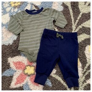 Little Ricky’s Navy Blue Olive Green Outfit Onesie Playsuit Pants Set 3 Months